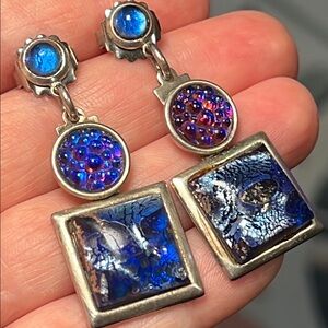 Stunning Artisan Marjorie BAER SF signed art glass silver dangle earrings